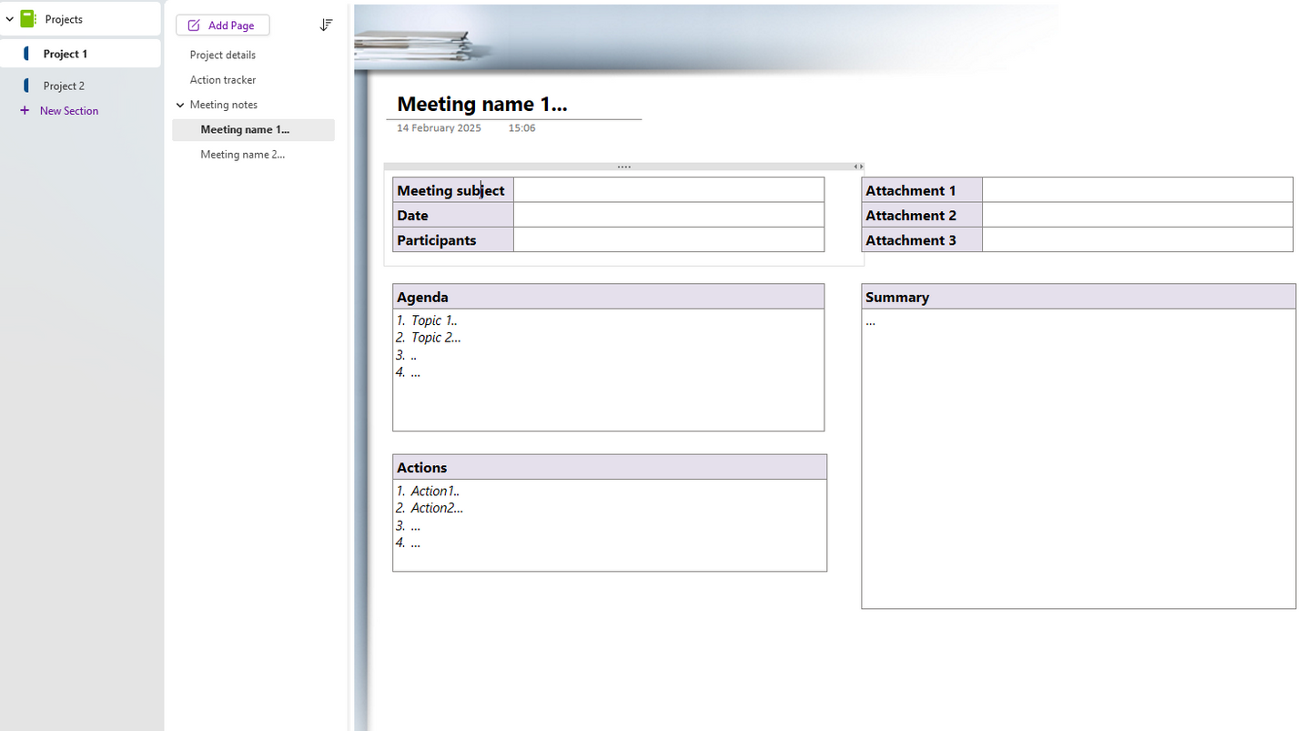 OneNote Free Template - Meeting Notes and Project Tracking