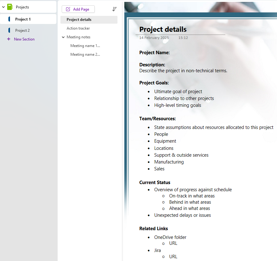 OneNote Free Template - Meeting Notes and Project Tracking